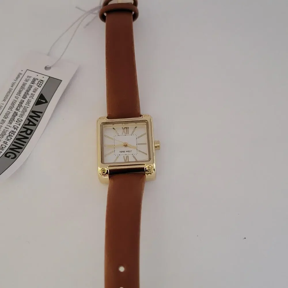 Nine West Womens Watch White Dial Gold Case Brown Faux Leather Strap Quartz